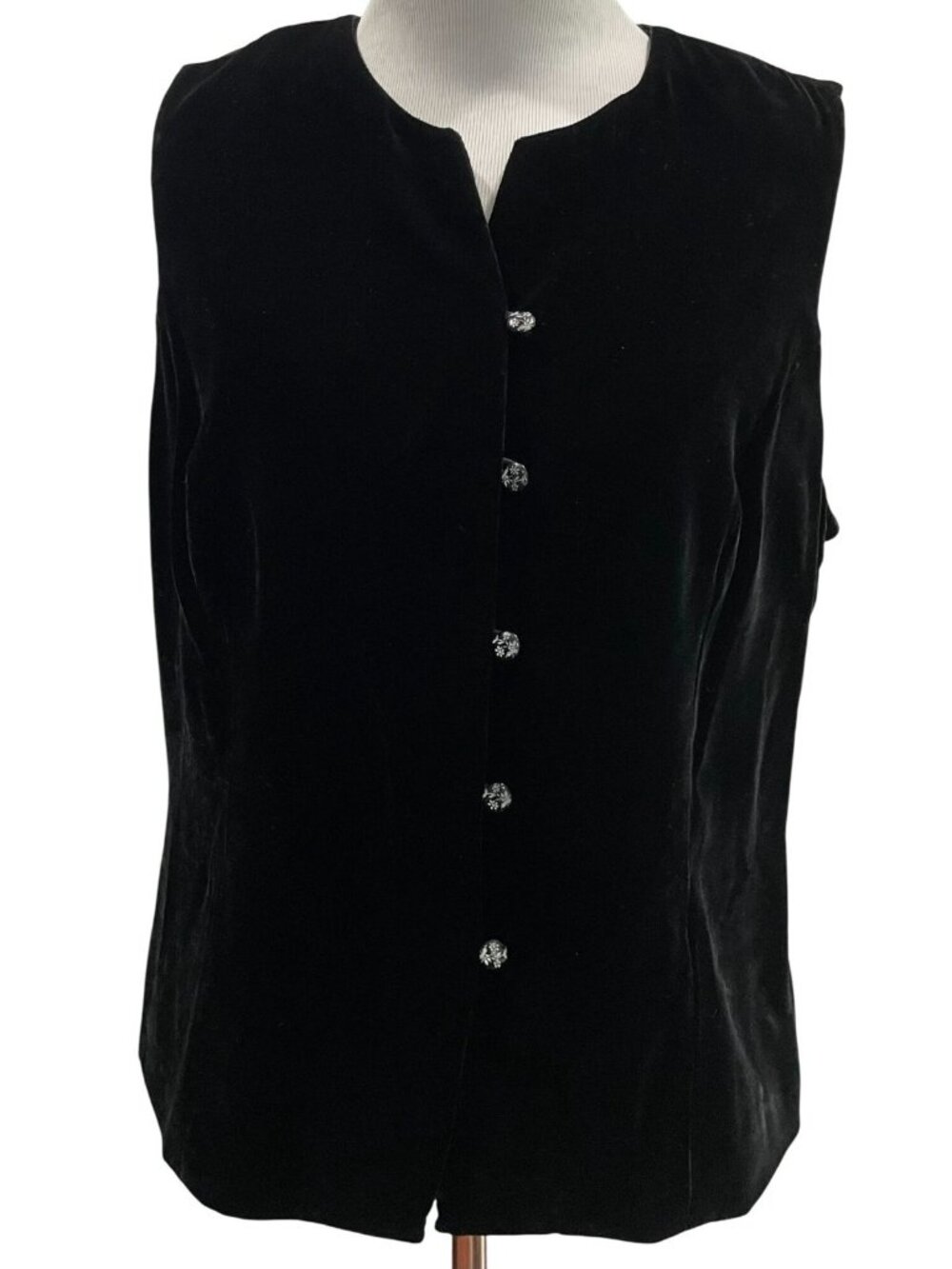 Kate Hill Embellished Button Up Silk Vest Sz 14 Black Whimsigoth Glam Minimalist